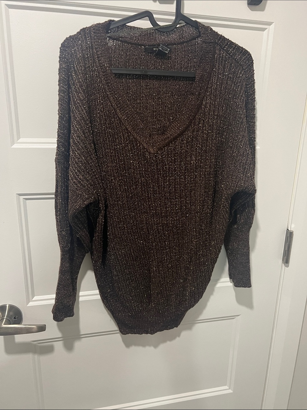 Mango Metallic Chocolate Brown V-Neck Sweater
